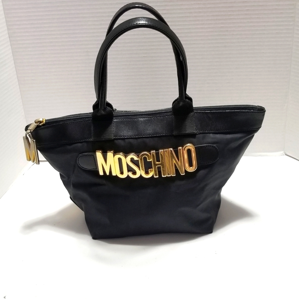 Vintage Moschino Black Coated Canvas Tote Bag.